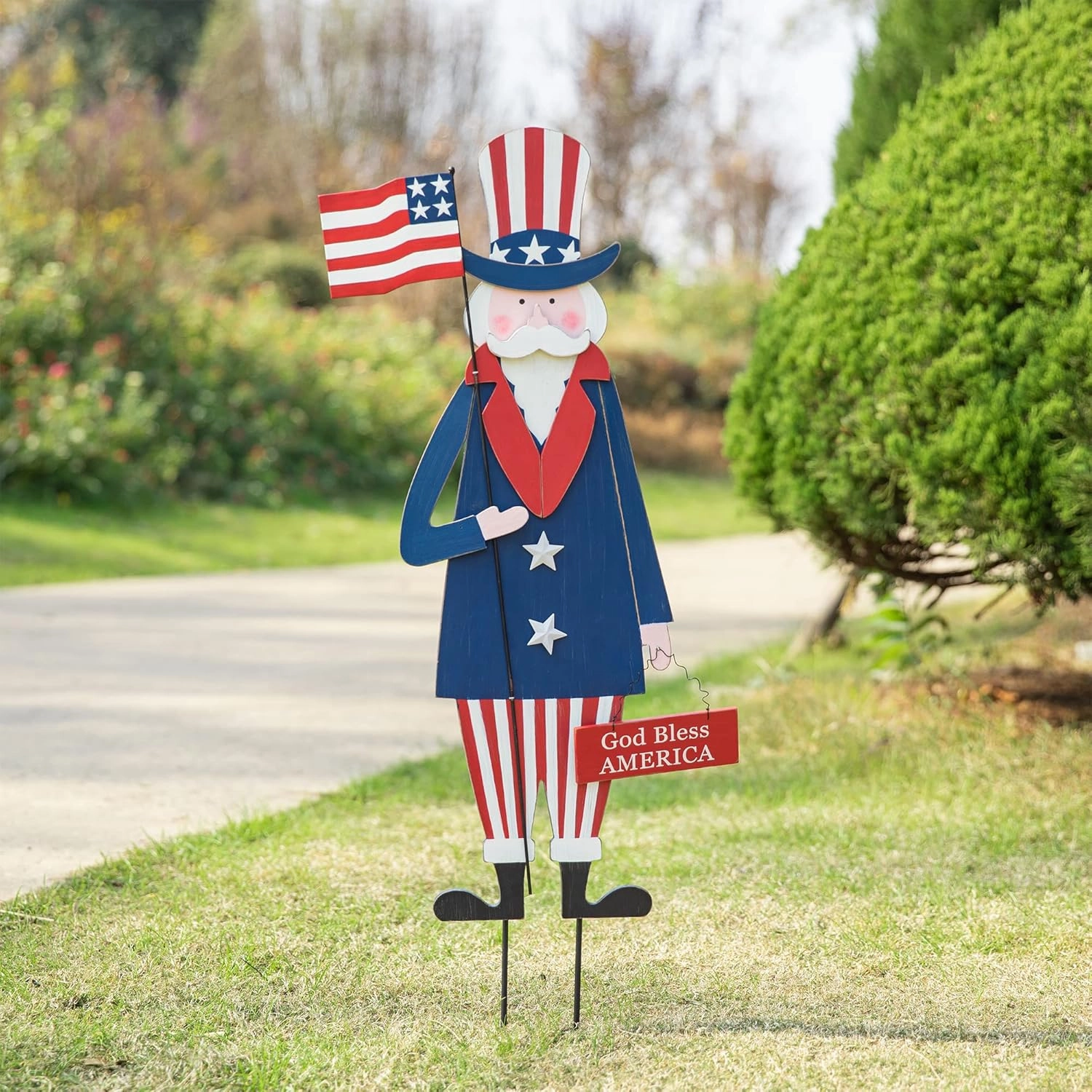Glitzhome 36" H Wooden Uncle Sam Patriotic Garden Yard Stake, 4th of July Wall Decor/Porch Decor for Home Yard Front Door National Day Decoration