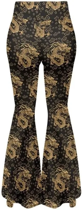 Gold China Loong Women Bootcut Yoga Pants Ditsy Floral Wide Leg Lounge Pants Retro Rose Elastic Casual Leggings