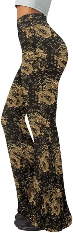 Gold China Loong Women Bootcut Yoga Pants Ditsy Floral Wide Leg Lounge Pants Retro Rose Elastic Casual Leggings