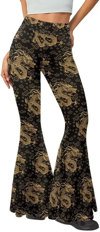 Gold China Loong Women Bootcut Yoga Pants Ditsy Floral Wide Leg Lounge Pants Retro Rose Elastic Casual Leggings