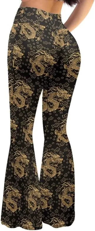 Gold China Loong Women Bootcut Yoga Pants Ditsy Floral Wide Leg Lounge Pants Retro Rose Elastic Casual Leggings