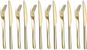 Gold Steak Knives Set 12 Piece, Premium Stainless Steel 6 Dinner Forks and 6 Dinner Knives Set, Steak Knives Steak Forks for 6 Person, Dishwasher Safe (Shiny Gold)