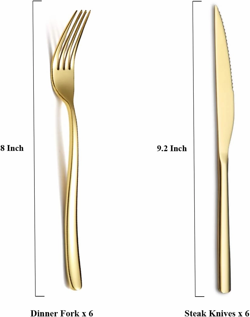 Gold Steak Knives Set 12 Piece, Premium Stainless Steel 6 Dinner Forks and 6 Dinner Knives Set, Steak Knives Steak Forks for 6 Person, Dishwasher Safe (Shiny Gold)