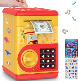 Golden Piggy Bank for Kids with Password Code Lock and Auto Grab Bill Slot, PhilaeEC Real Money Cash Coin Can Saving Box Electronic Money Safe Bank, Hot Gift for 4 7 8 9 10 11 Year Old Boys Girls