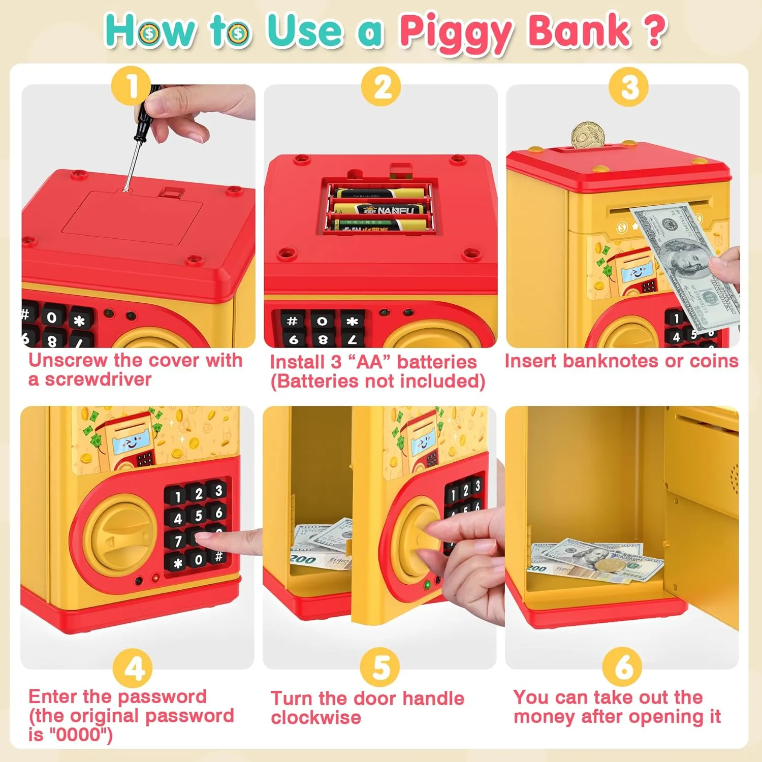 Golden Piggy Bank for Kids with Password Code Lock and Auto Grab Bill Slot, PhilaeEC Real Money Cash Coin Can Saving Box Electronic Money Safe Bank, Hot Gift for 4 7 8 9 10 11 Year Old Boys Girls