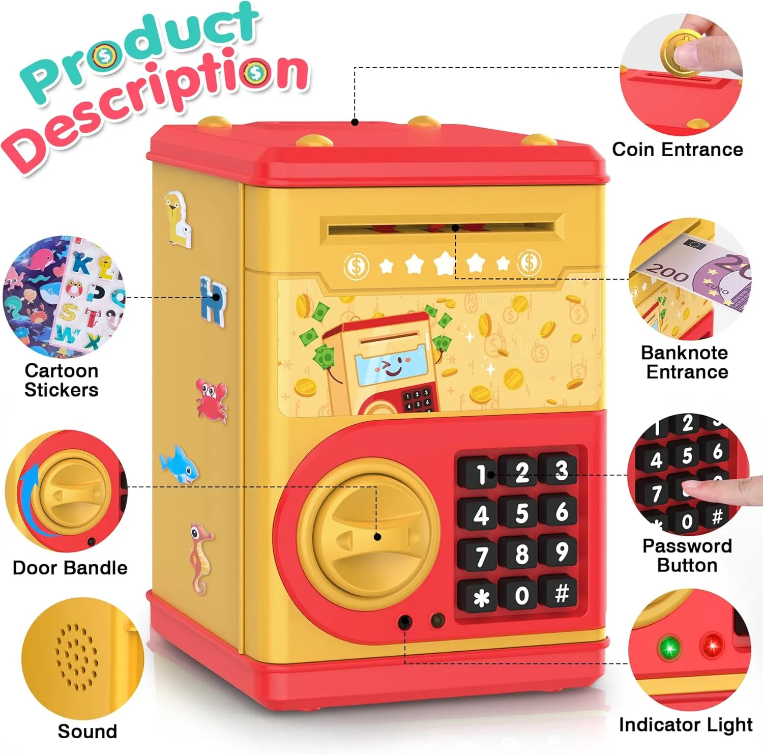 Golden Piggy Bank for Kids with Password Code Lock and Auto Grab Bill Slot, PhilaeEC Real Money Cash Coin Can Saving Box Electronic Money Safe Bank, Hot Gift for 4 7 8 9 10 11 Year Old Boys Girls