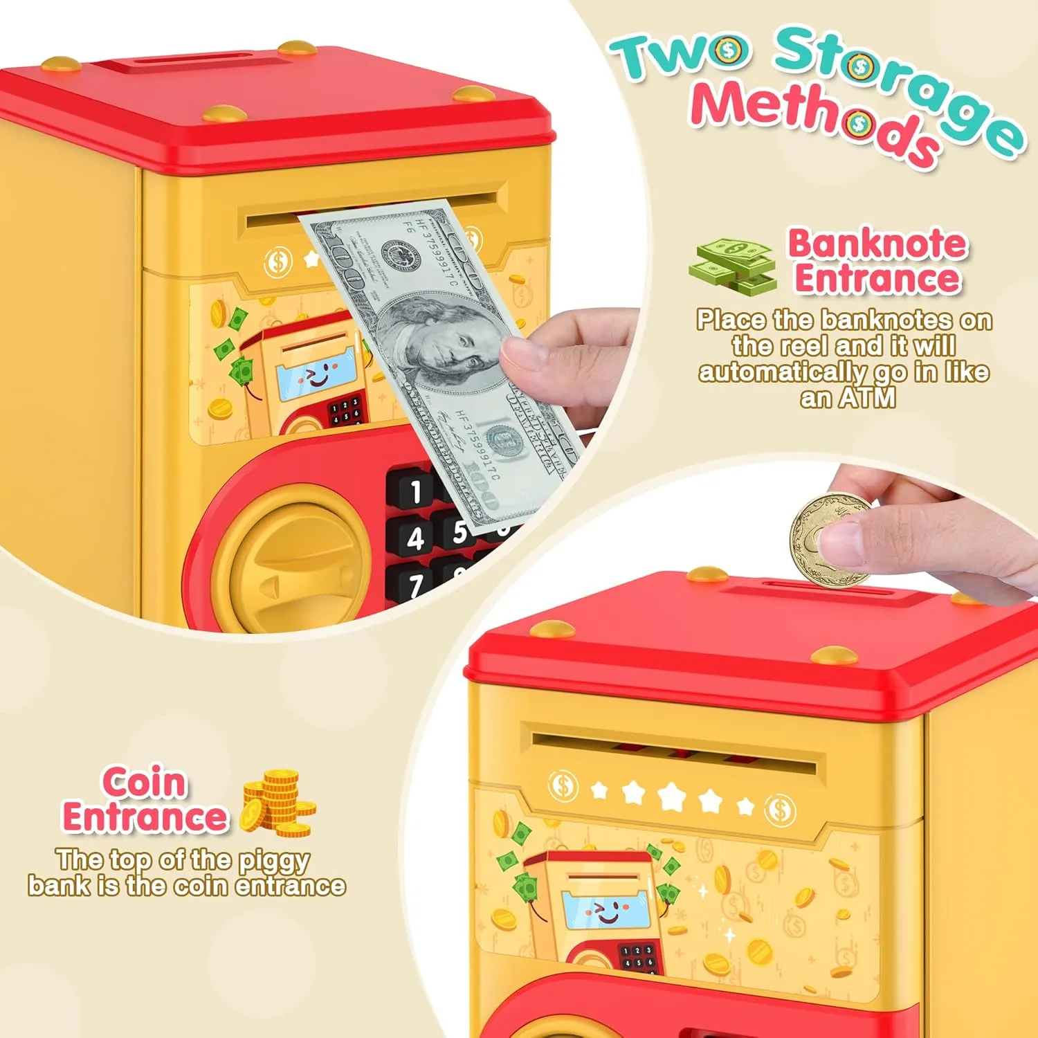 Golden Piggy Bank for Kids with Password Code Lock and Auto Grab Bill Slot, PhilaeEC Real Money Cash Coin Can Saving Box Electronic Money Safe Bank, Hot Gift for 4 7 8 9 10 11 Year Old Boys Girls