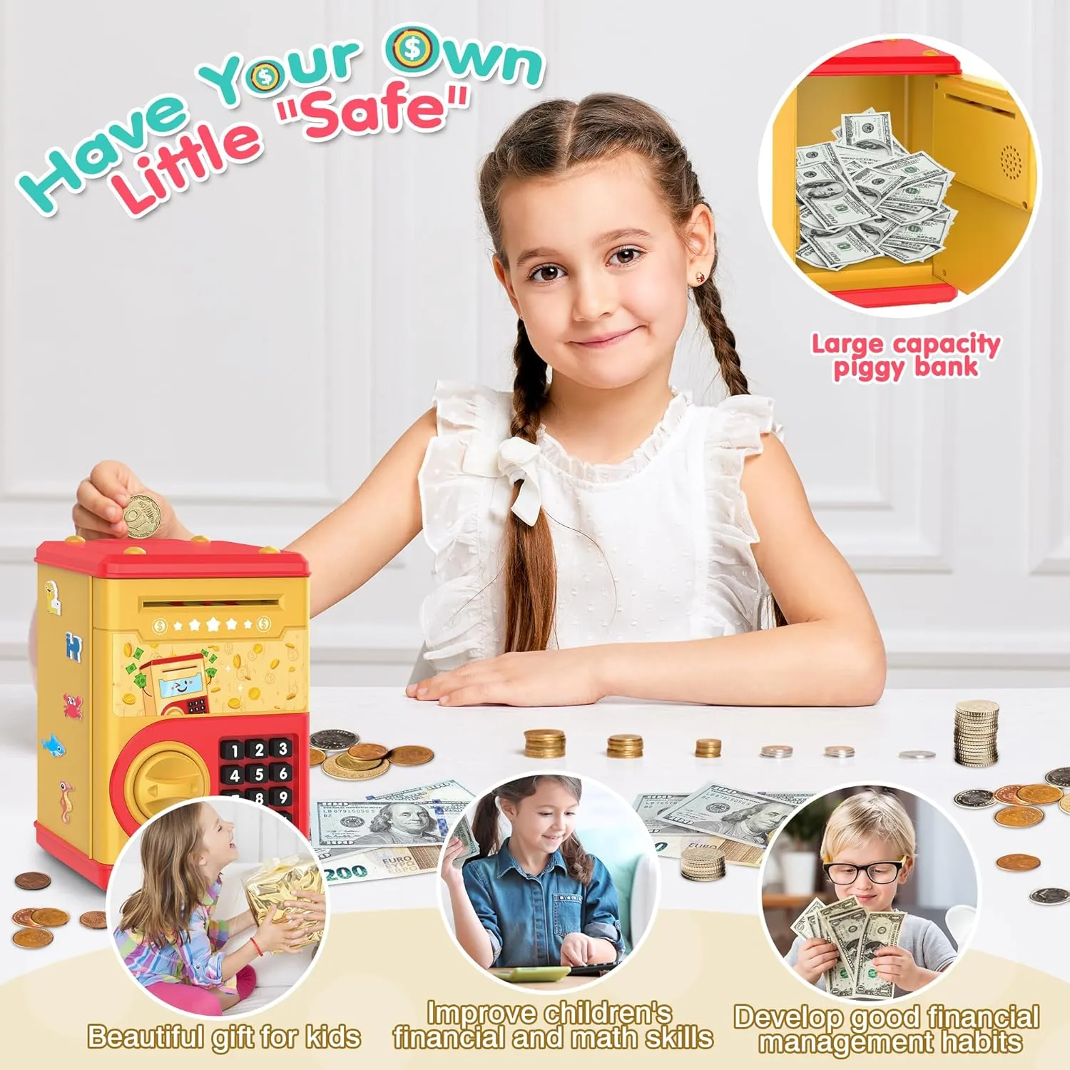 Golden Piggy Bank for Kids with Password Code Lock and Auto Grab Bill Slot, PhilaeEC Real Money Cash Coin Can Saving Box Electronic Money Safe Bank, Hot Gift for 4 7 8 9 10 11 Year Old Boys Girls