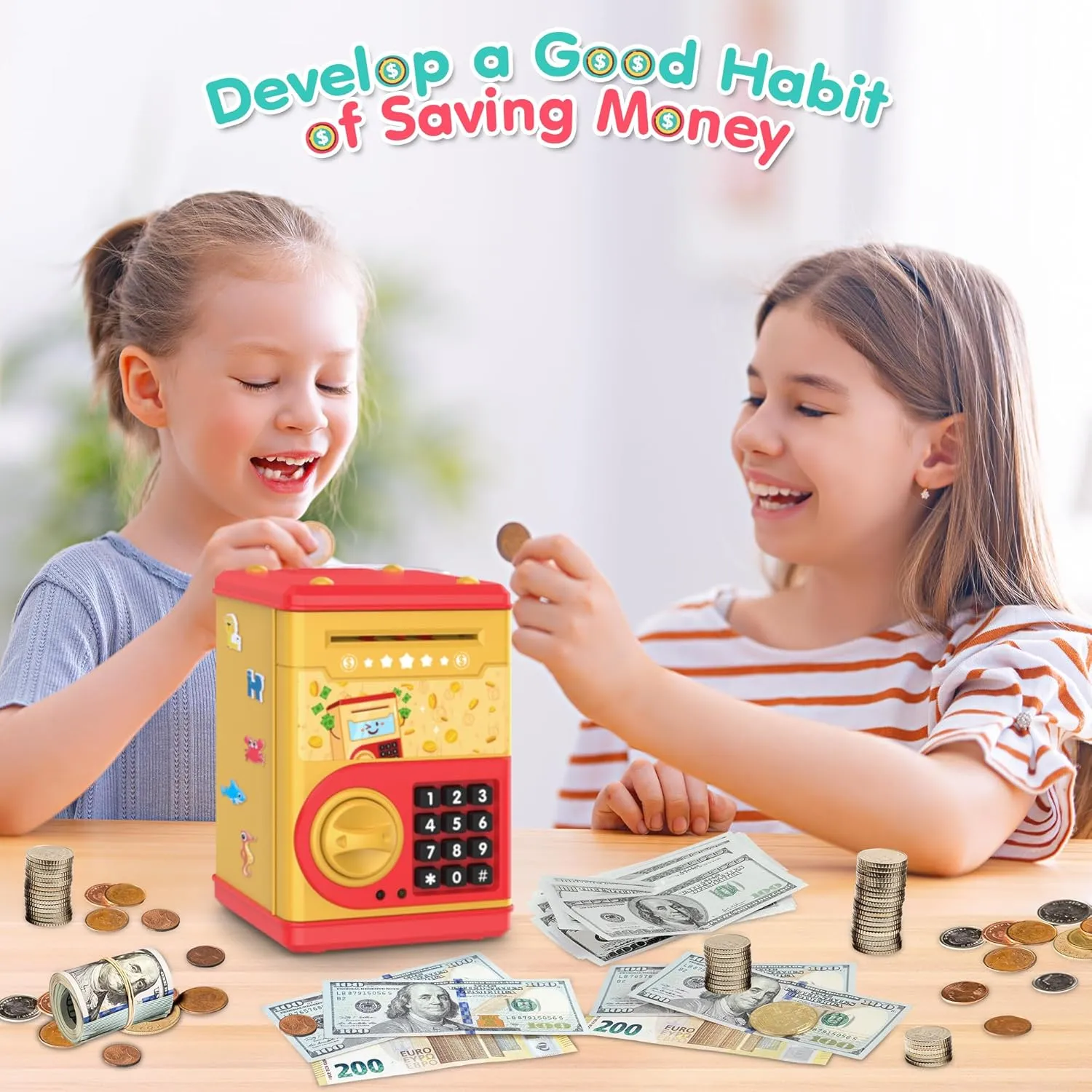 Golden Piggy Bank for Kids with Password Code Lock and Auto Grab Bill Slot, PhilaeEC Real Money Cash Coin Can Saving Box Electronic Money Safe Bank, Hot Gift for 4 7 8 9 10 11 Year Old Boys Girls