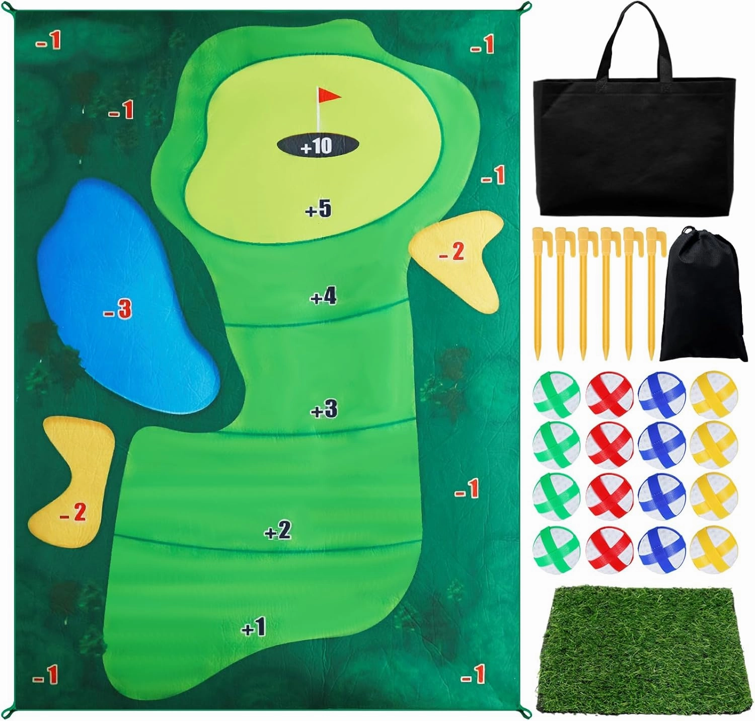 Golf Chipping Game Mat with 16 Golf Balls Portable Golf Game Set Fun Golf Practice Game Reusable Golf Training Mat Golf Game Mat with 4 Ground Stakes Storage Bag for Indoor Outdoor 59×31.5×0.1in