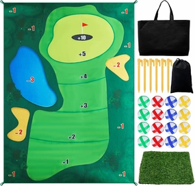 Golf Chipping Game Mat with 16 Golf Balls Portable Golf Game Set Fun Golf Practice Game Reusable Golf Training Mat Golf Game Mat with 4 Ground Stakes Storage Bag for Indoor Outdoor 59×31.5×0.1in