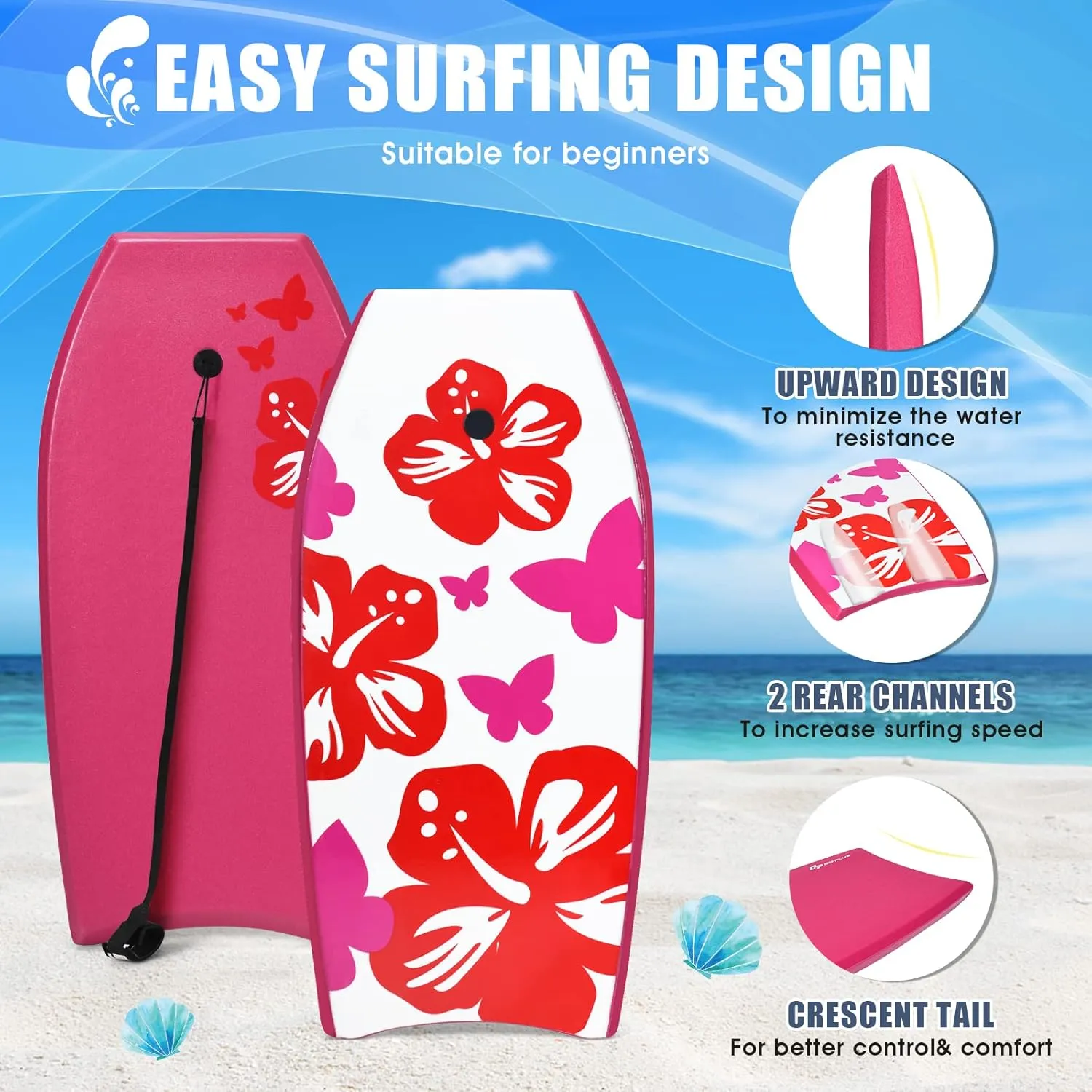 Goplus Boogie Boards for Beach, 33/37/41 Inches Lightweight Body Board w/ Wrist Leash, EPS Core, XPE Deck, HDPE Slick Bottom, Surfboard for Kids Teens Adults Surfing