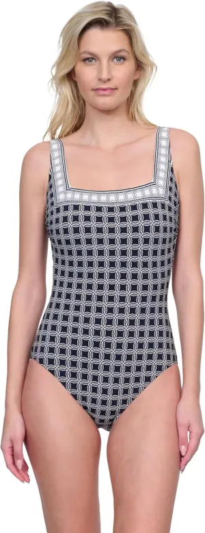 Gottex Golden Chic Women Solid Black Square Neck One Piece Swimsuit with Soft Cup Tummy Control Back Lining Adjustable Straps