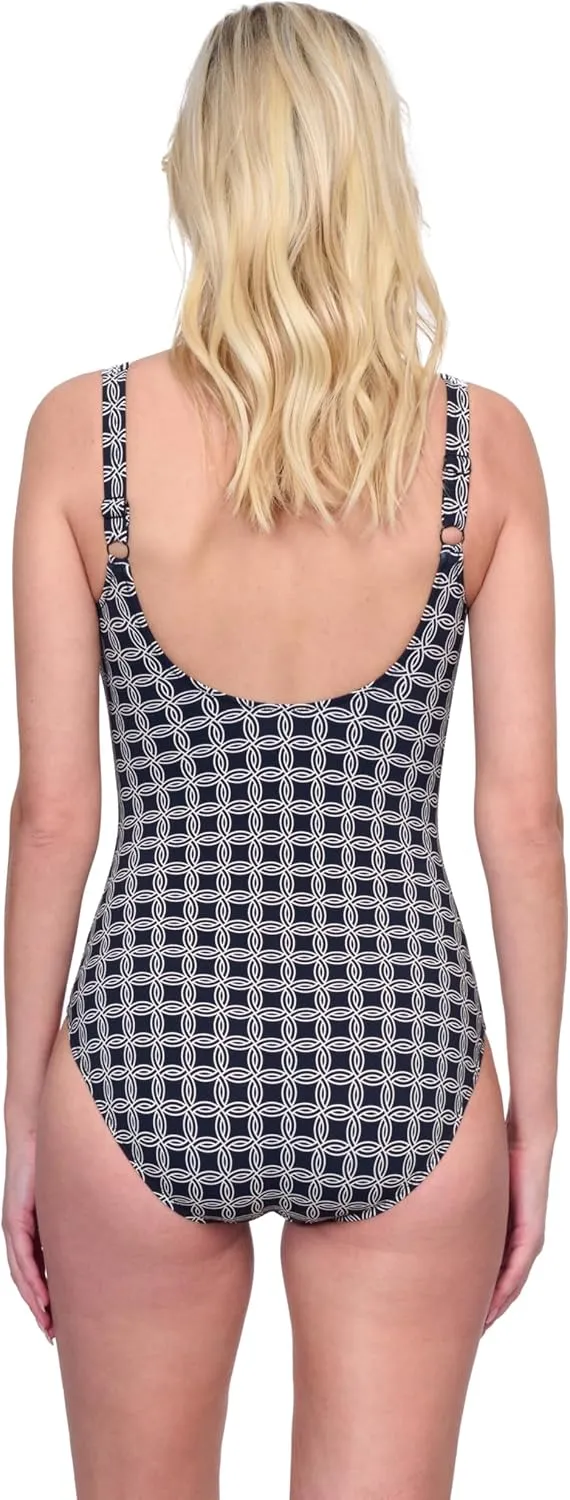 Gottex Golden Chic Women Solid Black Square Neck One Piece Swimsuit with Soft Cup Tummy Control Back Lining Adjustable Straps