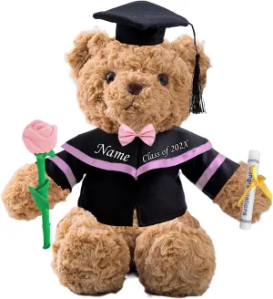 Graduation Bear Class of 2025 Personalized Graduation Gifts with Custom Text/Name, Teddy Bear with Rose & Bow for Her 2025 High School College Master Kindergarten Graduation Gifts (11 in-Text)