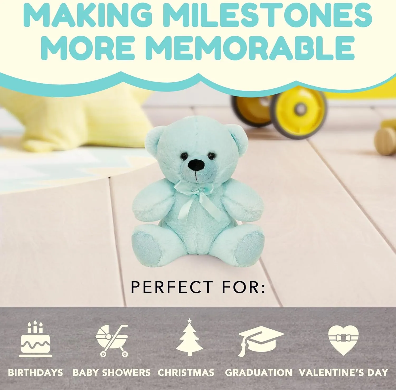 Grandma Smiley's Plush Best Friends Super Color Baby Blue Teddy Bear Stuffed Animal, 9-inch Hypoallergenic Small Teddy Bears for Christmas, Newborn Baby Shower, Girlfriend, Boyfriend, Graduation