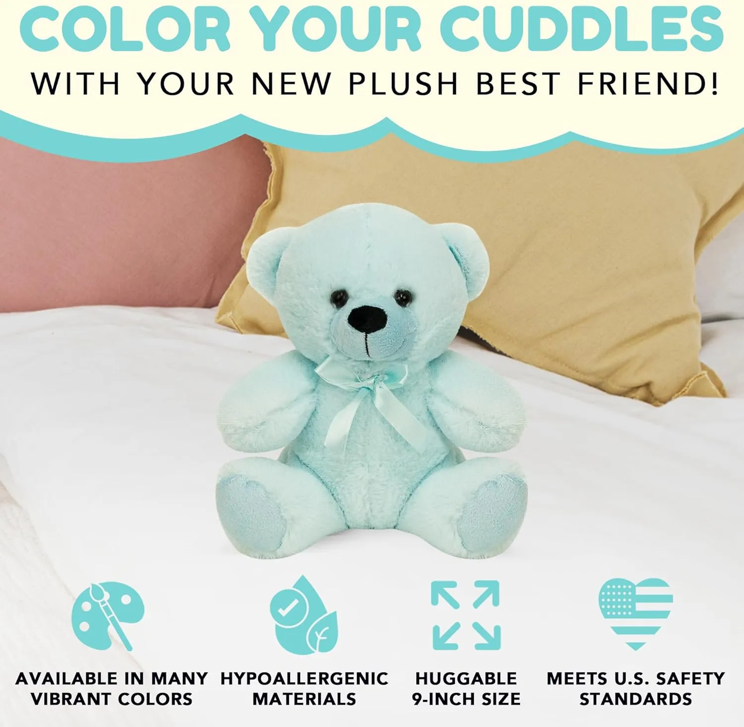Grandma Smiley's Plush Best Friends Super Color Baby Blue Teddy Bear Stuffed Animal, 9-inch Hypoallergenic Small Teddy Bears for Christmas, Newborn Baby Shower, Girlfriend, Boyfriend, Graduation