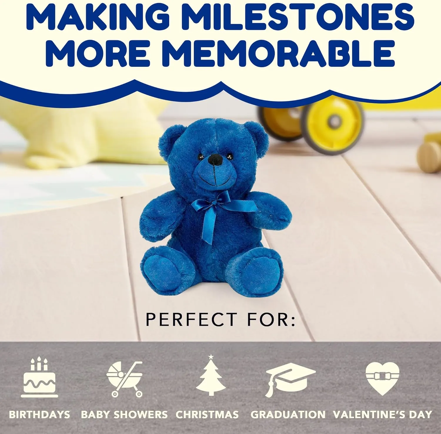Grandma Smiley's Plush Best Friends Super Color Blue Teddy Bear Stuffed Animal, 9-inch Hypoallergenic Small for Christmas, Newborn Baby Shower, Girlfriend, Boyfriend, Graduation
