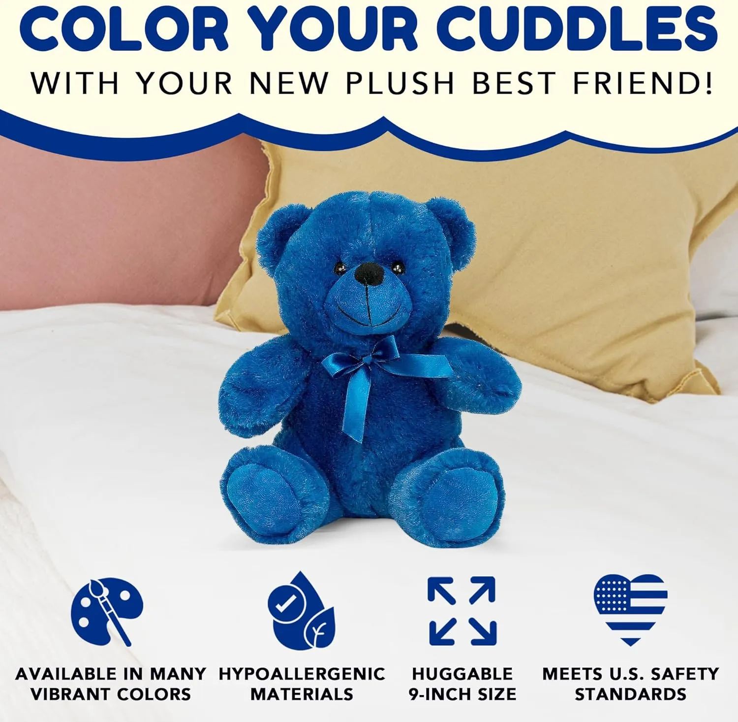 Grandma Smiley's Plush Best Friends Super Color Blue Teddy Bear Stuffed Animal, 9-inch Hypoallergenic Small for Christmas, Newborn Baby Shower, Girlfriend, Boyfriend, Graduation