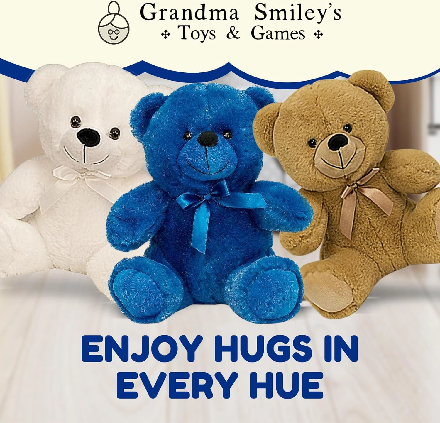 Grandma Smiley's Plush Best Friends Super Color Blue Teddy Bear Stuffed Animal, 9-inch Hypoallergenic Small for Christmas, Newborn Baby Shower, Girlfriend, Boyfriend, Graduation