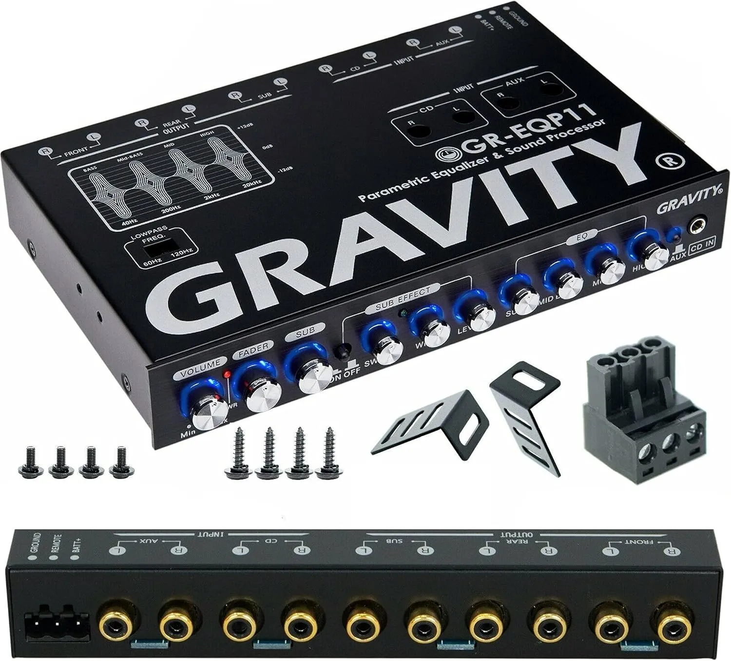 Gravity GR-EQP11 Digital Bass Machine 1/2 Din 9V 4-Way Car Parametric Equalizer w/Front, Rear   Sub Output and Night Illumination