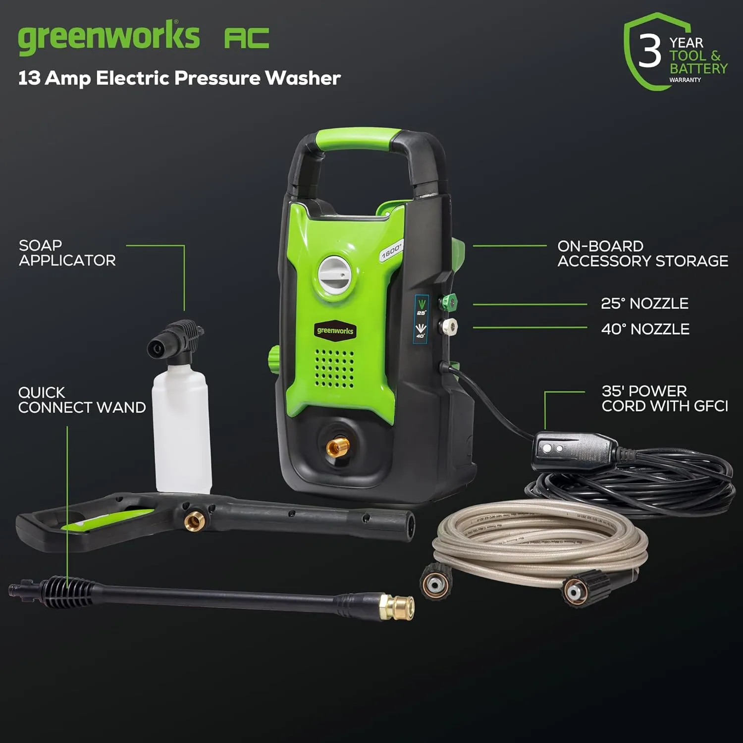 Greenworks Compact Electric Pressure Washer (CSA Certified, Lightweight, 20 FT Tangle-Free Hose, 35 FT Power Cord) Great For Cars, Fences, Patios, Driveways, Decks and Patios