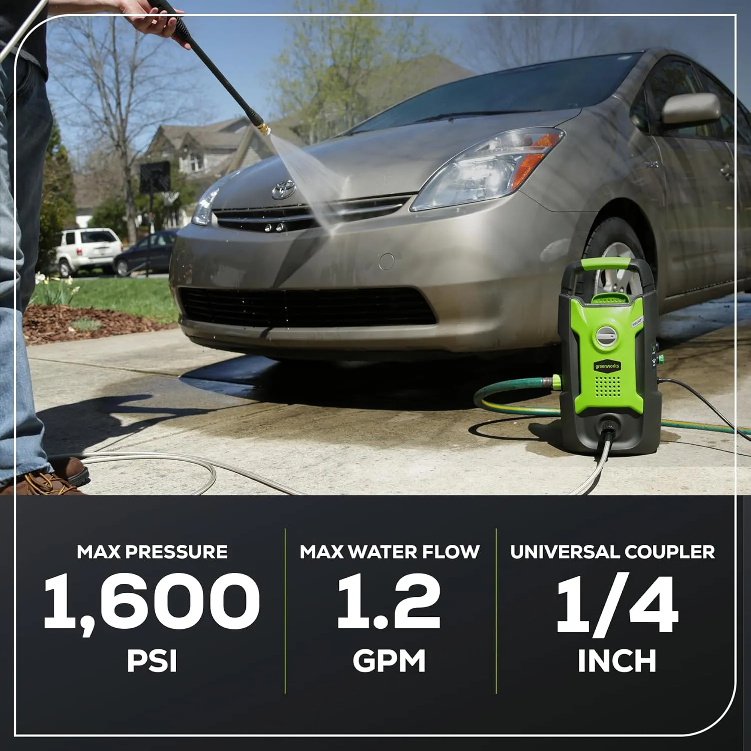 Greenworks Compact Electric Pressure Washer (CSA Certified, Lightweight, 20 FT Tangle-Free Hose, 35 FT Power Cord) Great For Cars, Fences, Patios, Driveways, Decks and Patios