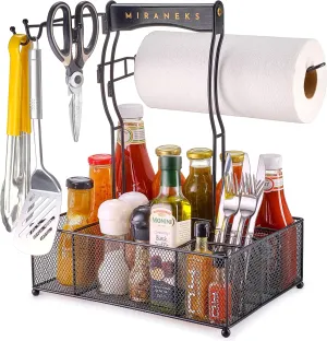 Grill Organizer Caddy with Paper Towel Holder & Bonus Grill Mat – Multi-Compartment Condiment, Utensil & Plate Holder – Ideal for BBQ, Camping, RV, Tailgating