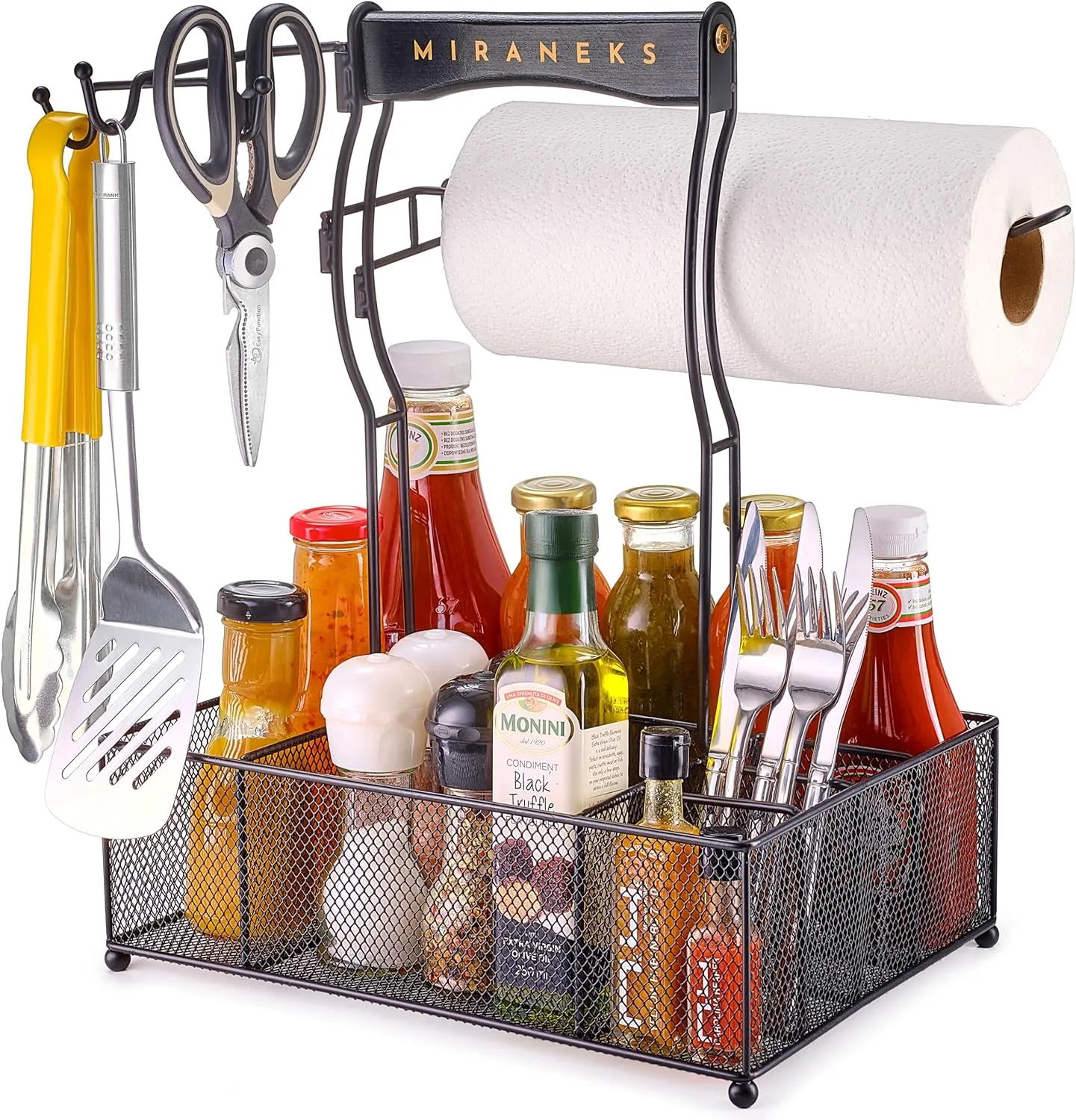 Grill Organizer Caddy with Paper Towel Holder & Bonus Grill Mat – Multi-Compartment Condiment, Utensil & Plate Holder – Ideal for BBQ, Camping, RV, Tailgating