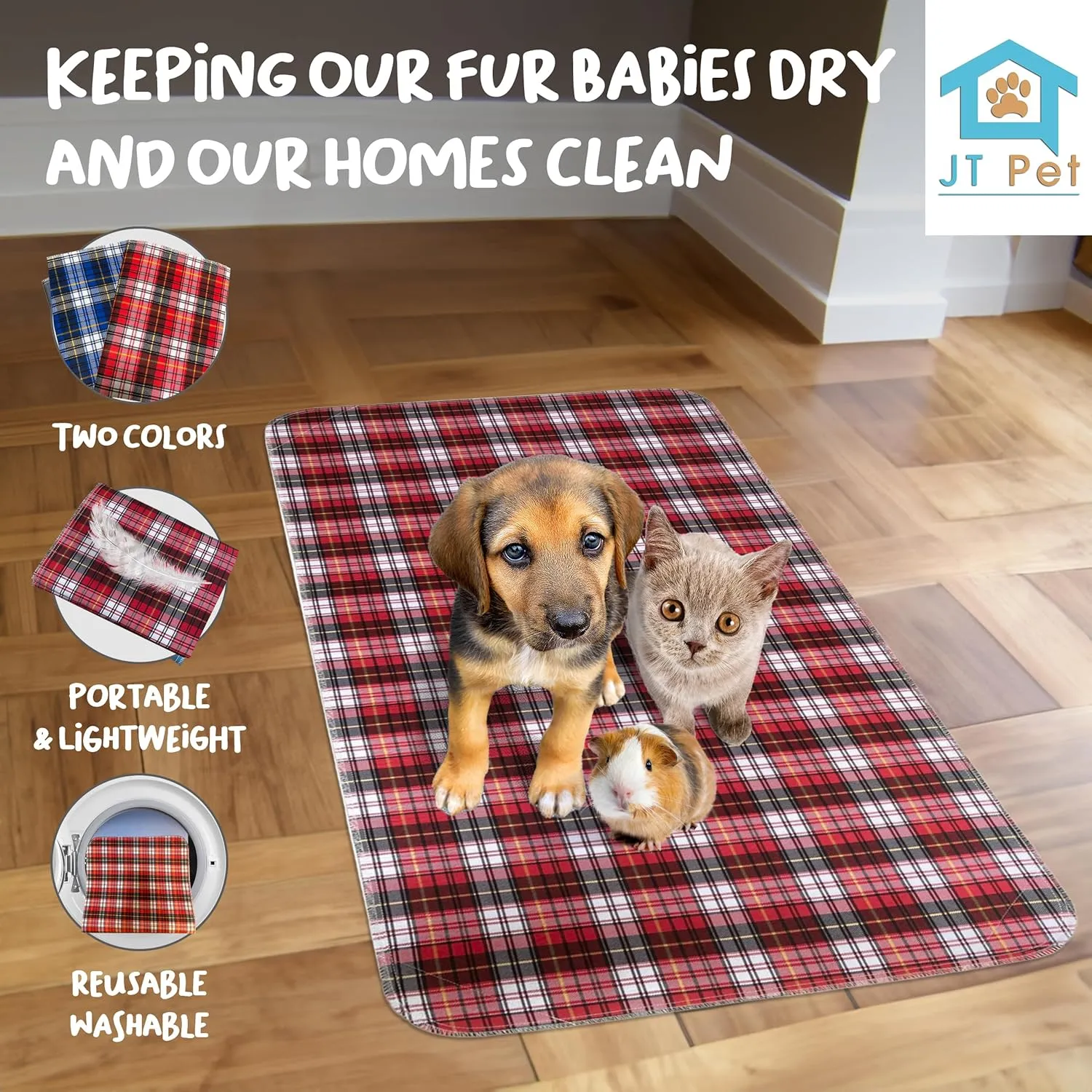 Guinea Pig Cage Liner - Pack of 2 Washable Pee Pads for Dogs, Smooth Fleece Guinea Pig Bedding for Cage & Crates, Reusable & Waterproof Puppy Pee Pads - 36x24 Inches, Plaid