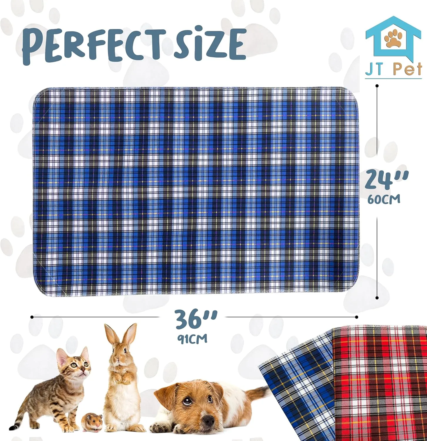 Guinea Pig Cage Liner - Pack of 2 Washable Pee Pads for Dogs, Smooth Fleece Guinea Pig Bedding for Cage & Crates, Reusable & Waterproof Puppy Pee Pads - 36x24 Inches, Plaid