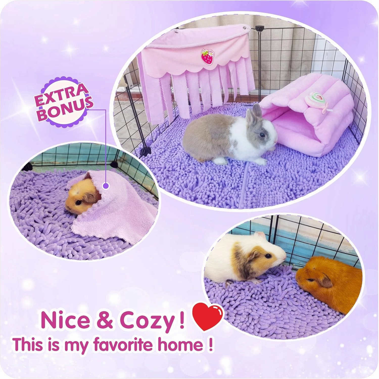 Guinea Pig Cage Liner Bedding 47x24, Washable Guinea Pig Bed Mat, Extra Absorbent Rabbit Pee Pad Reusable, Non-Slip Fleece Blanket for Bunny and Small Animal Cage Accessories (Purple, 47"x24")