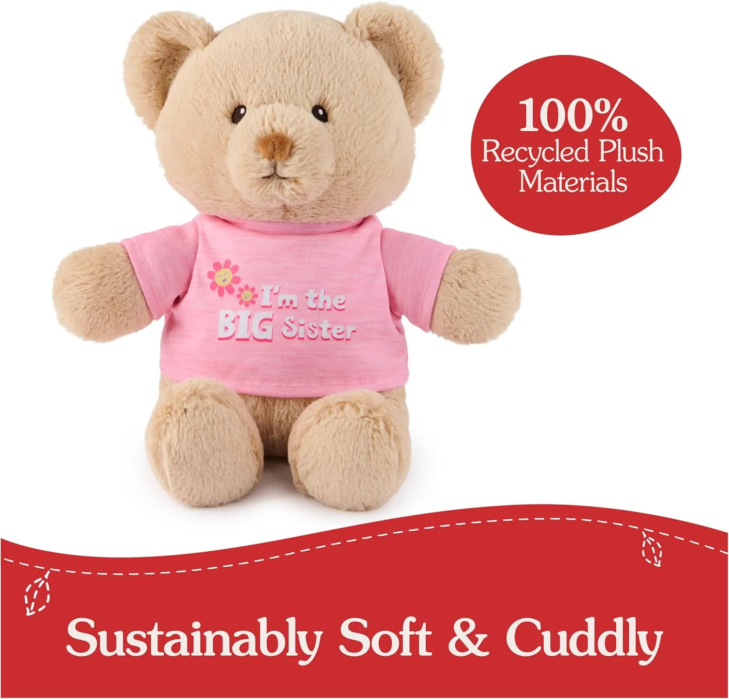 GUND “I'm The Big Sister” Sustainable Message Bear with Pink T-Shirt, Teddy Bear Made from 100% Recycled Materials for Ages 1 and Up, Tan, 12”