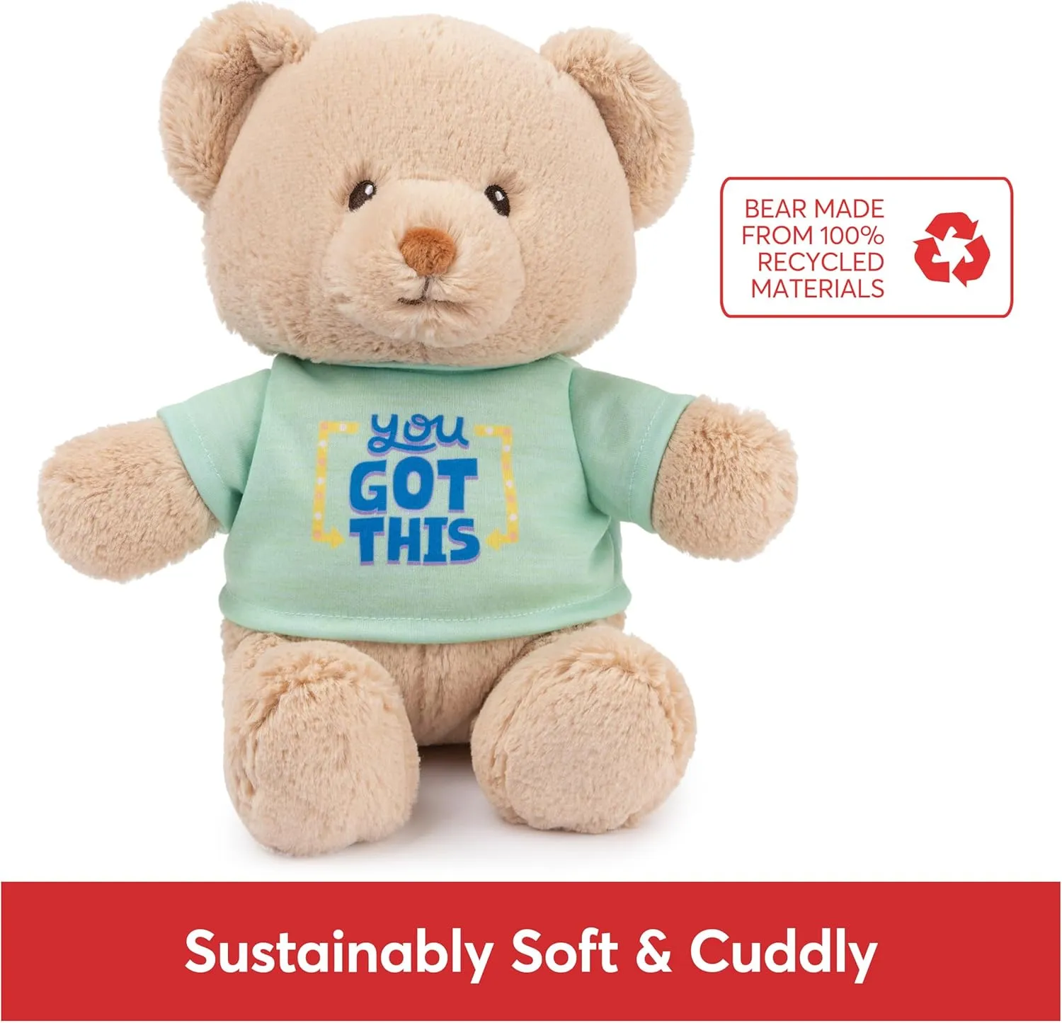 GUND “You Got This” Sustainable Message Bear with Green T-Shirt, Teddy Bear Made from 100% Recycled Materials for Ages 1 and Up, Tan, 12”