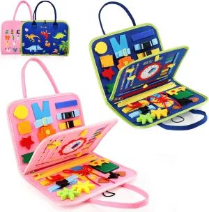 Guolely Busy Board Blue Bundle with Montessori Toys Pink for 3-6 Year Old Toddlers, Educational Activity Developing Sensory Board - Travel Toys for Plane Car, 2 Pack