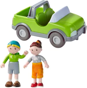 HABA Little Friends Out and About Playset with 2 Toy Figures and Green Momentum Motor Vehicle