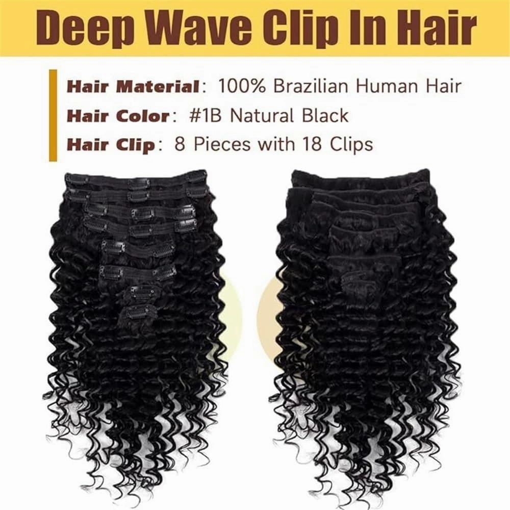 Hair Extensions Deep Wave Clip In Human Hair Extensions 8Pcs 120g 12-26 Inch Full Head Brazilian Remy Hair Extensions Clip in Curly Hair Extension for Women Hair Pieces(14 Inch)