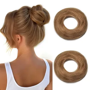 Hairro 2PCS Messy Bun Hair Piece Human Hair Scrunchies Updo Hairpieces For Women Remy Donot Elegant Chignon with Stretchy Elastic Rubber Band 46g #06 Light Brown