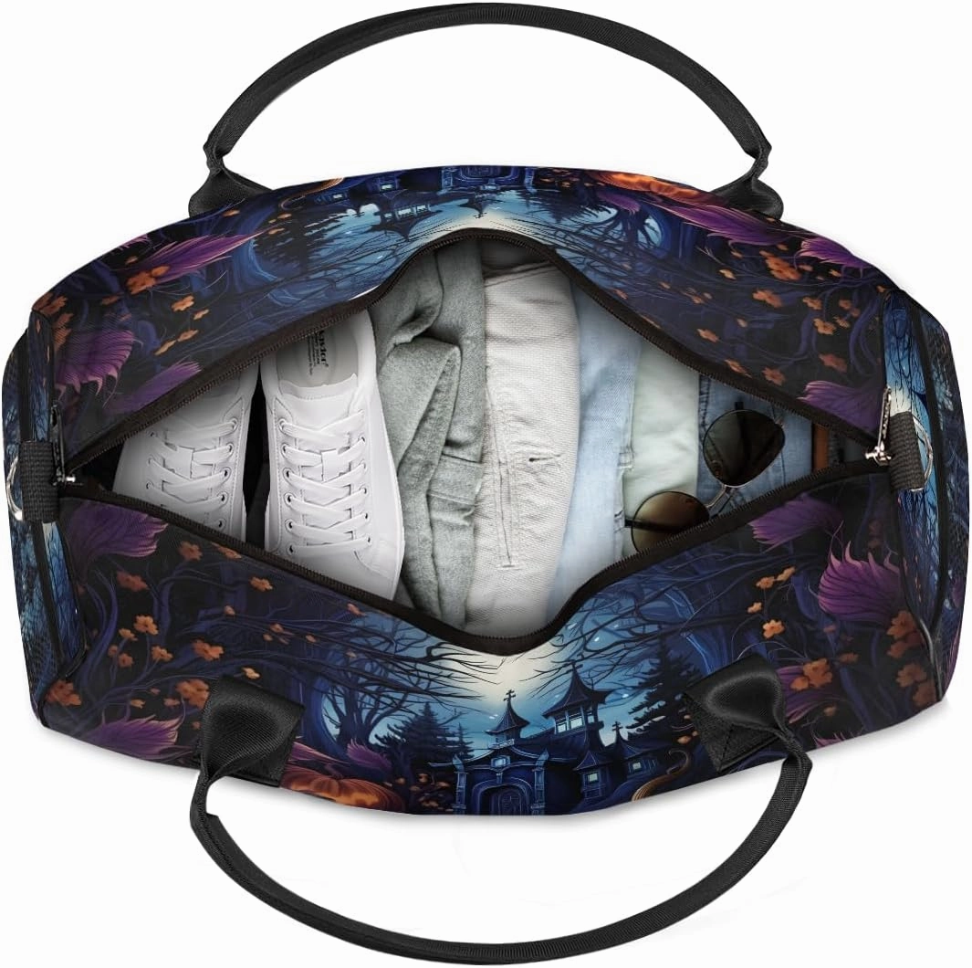 Halloween Travel Duffle Bag for Women Men Foldable Waterproof Weekender Bag Carry on Tote for Overnight Sports Gym Halloween Castle