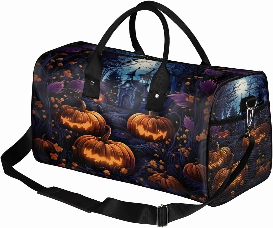 Halloween Travel Duffle Bag for Women Men Foldable Waterproof Weekender Bag Carry on Tote for Overnight Sports Gym Halloween Castle