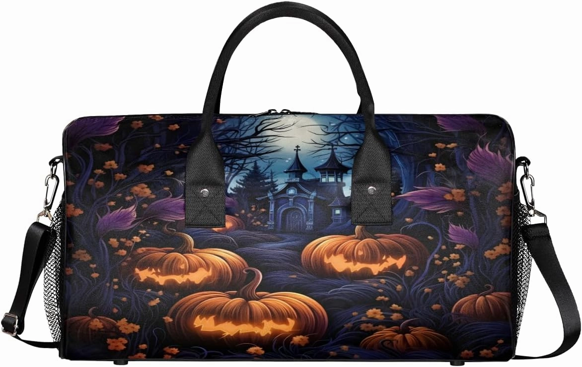 Halloween Travel Duffle Bag for Women Men Foldable Waterproof Weekender Bag Carry on Tote for Overnight Sports Gym Halloween Castle
