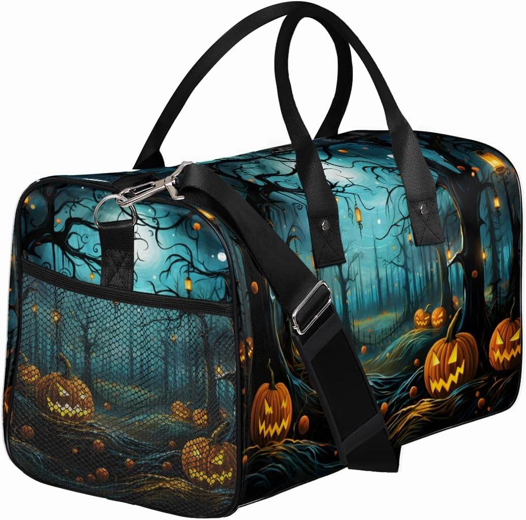 Halloween Travel Duffle Bag for Women Men Foldable Waterproof Weekender Bag Carry on Tote for Overnight Sports Gym Pumpkin