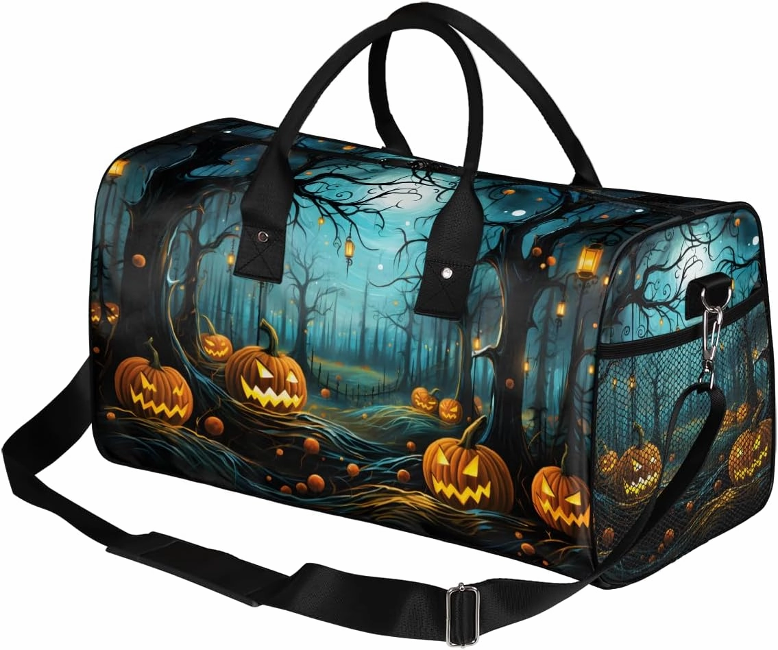 Halloween Travel Duffle Bag for Women Men Foldable Waterproof Weekender Bag Carry on Tote for Overnight Sports Gym Pumpkin