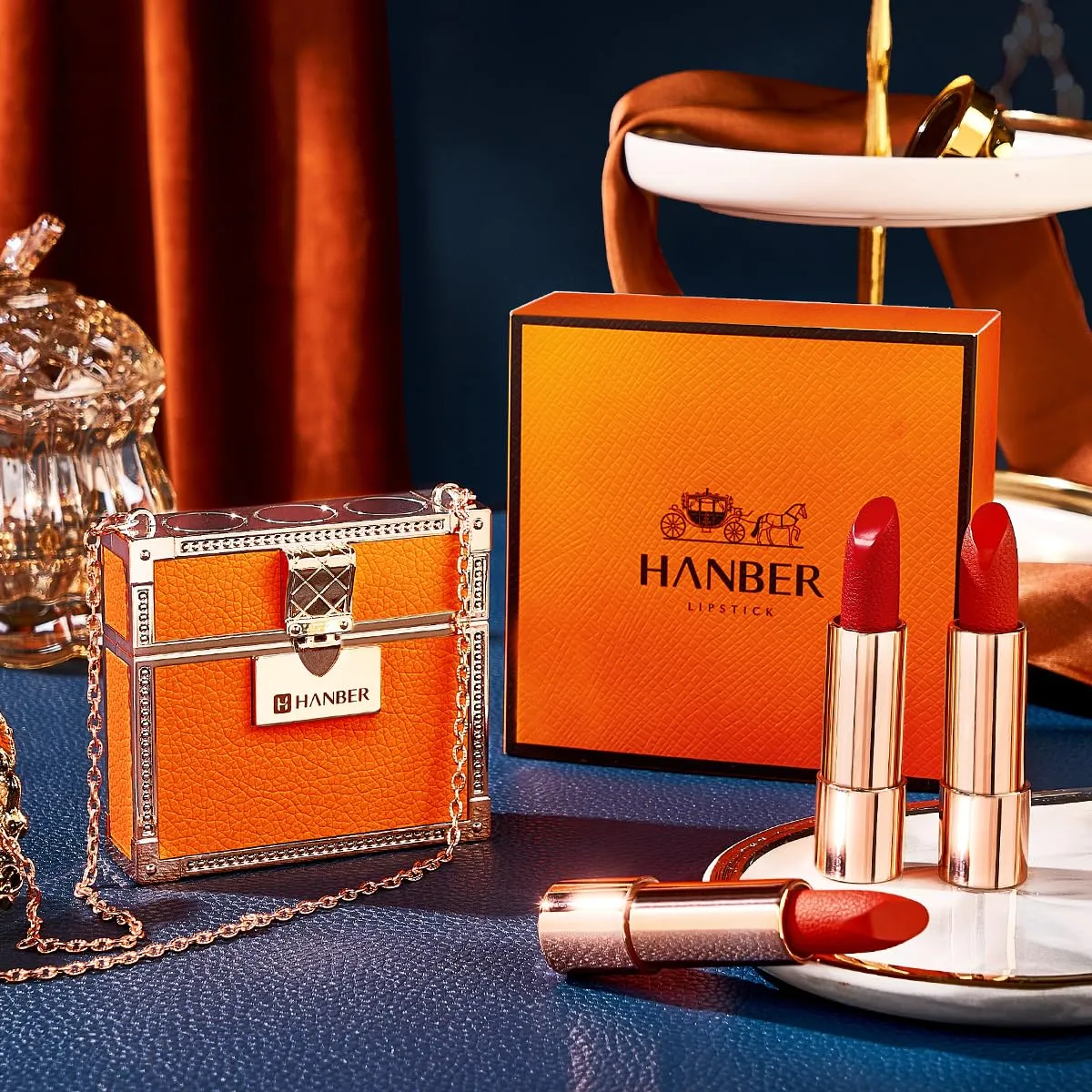 Han Beier lipstick set gift box does not touch the cup, waterproof, soft and silky orange leather chain bag lipstick for girlfriend birthday gift set Christmas gift