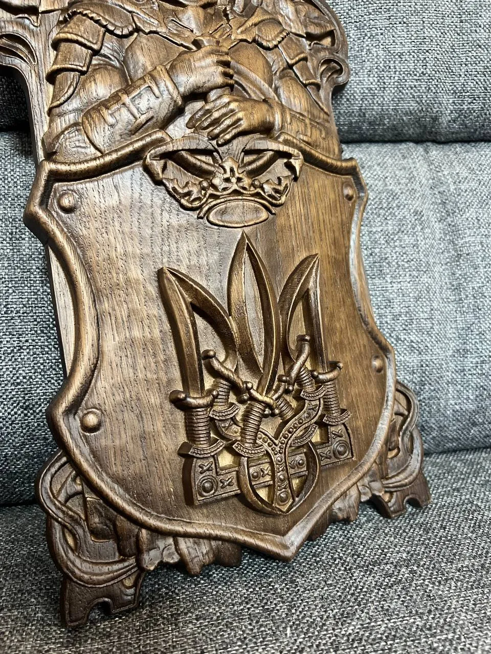 Hand-Carved Wooden Knight Crest with Tryzub