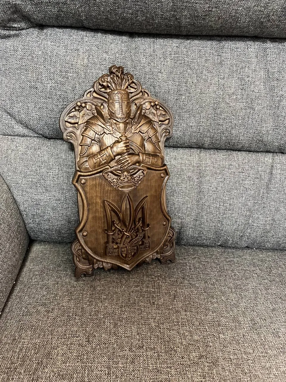 Hand-Carved Wooden Knight Crest with Tryzub