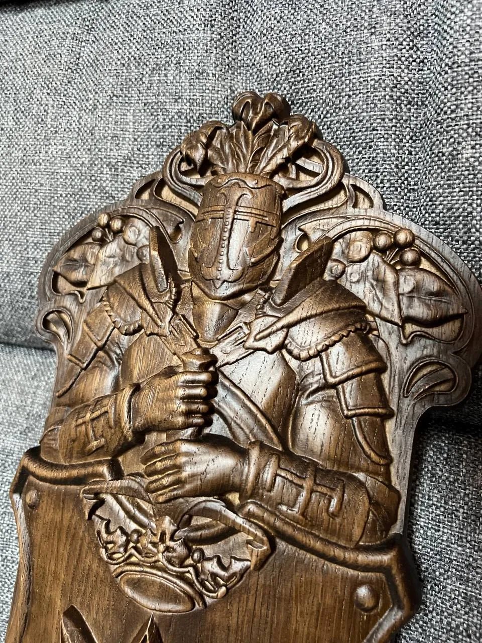 Hand-Carved Wooden Knight Crest with Tryzub