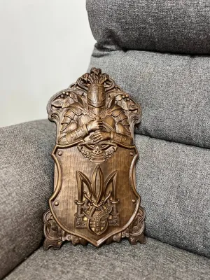 Hand-Carved Wooden Knight Crest with Tryzub