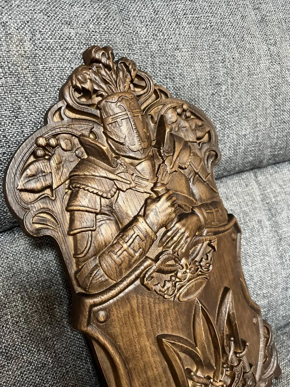 Hand-Carved Wooden Knight Crest with Tryzub