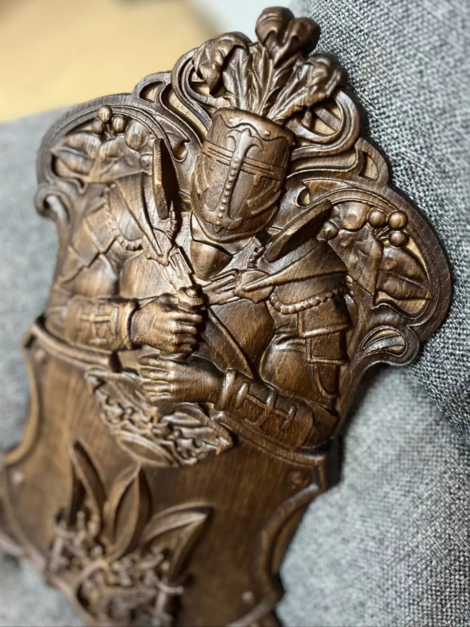 Hand-Carved Wooden Knight Crest with Tryzub